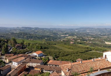 Piedmont 'taki Diano d' Alba 'dan Langhe-Roero tepelerinin ve üzüm bağlarının manzarası. İtalya