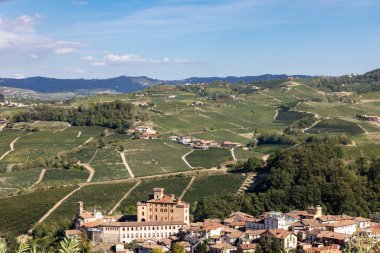 The town of Barolo, with the Falletti castle, surrounded by vineyards in Langhe region. Piedmont, Italy