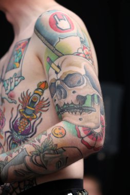 Krakow, Poland -  June 11, 2022: Unidentified  participant at 15th Tattoofest Convention in Cracow. One of the most prestigious tattoo festivals. 