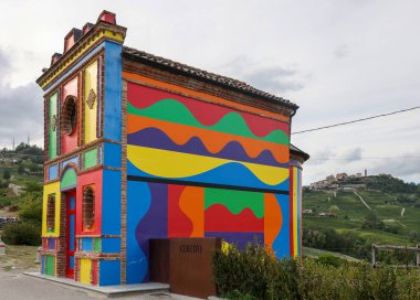 La Morra, Piedmont, Italy - Sept 8, 2022:  The Chapel of the Madonna delle Grazie. Most commonly Cappella del Barolo or Cappella delle Brunate near La Morra, Langhe region, Piedmont, Italy