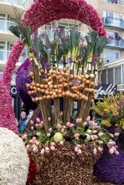 Noordwijk, Hollanda - 22 Nisan 2023: Bloemencorso Bollenstreek 'te Noordwijk' ten Hollanda 'daki Haarlem' e her yıl düzenlenen Bahar Çiçeği Geçidi 'nde muhteşem çiçekler kaplandı. 