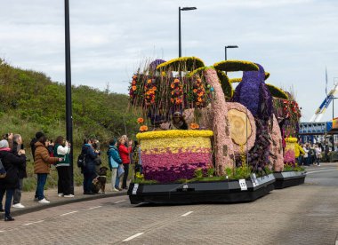 Noordwijk, Hollanda - 22 Nisan 2023: Bloemencorso Bollenstreek 'te Noordwijk' ten Hollanda 'daki Haarlem' e her yıl düzenlenen Bahar Çiçeği Geçidi 'nde muhteşem çiçekler kaplandı. 
