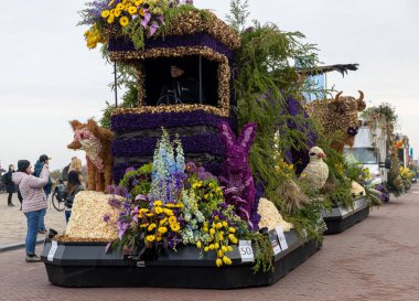 Noordwijk, Hollanda - 22 Nisan 2023: Bloemencorso Bollenstreek 'te Noordwijk' ten Hollanda 'daki Haarlem' e her yıl düzenlenen Bahar Çiçeği Geçidi 'nde muhteşem çiçekler kaplandı. 