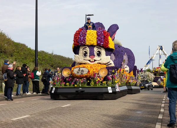 Noordwijk, Hollanda - 22 Nisan 2023: Bloemencorso Bollenstreek 'te Noordwijk' ten Hollanda 'daki Haarlem' e her yıl düzenlenen Bahar Çiçeği Geçidi 'nde muhteşem çiçekler kaplandı. 