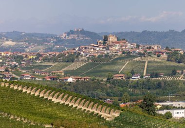 Grinzane Cavour 'dan Langhe üzüm bağlarının manzarası. UNESCO Sitesi, Piedmont, İtalya