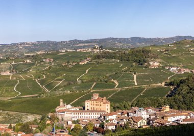 The town of Barolo, with the Falletti castle, surrounded by vineyards in Langhe region. Piedmont, Italy