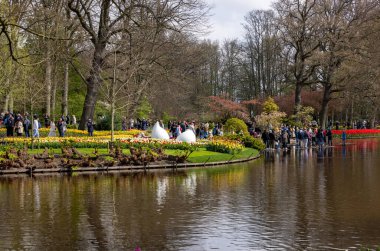 Keukenhof, Lisse Hollanda - 18 Nisan 2023: Hollanda, Lisse 'deki Keukenhof Garden' ı ziyaret edenler.