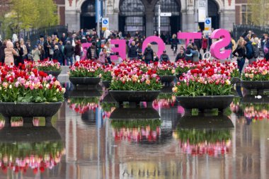 Amsterdam, Hollanda - 21 Nisan 2023: Amsterdam 'daki Rijksmuseum' un önündeki gölette renkli laleler. Hollanda