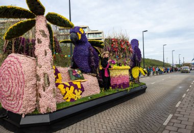 Noordwijk, Hollanda - 22 Nisan 2023: Bloemencorso Bollenstreek 'te Noordwijk' ten Hollanda 'daki Haarlem' e her yıl düzenlenen Bahar Çiçeği Geçidi 'nde muhteşem çiçekler kaplandı. 