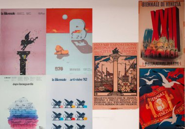 Venice, Italy - May 7, 2024:  60th Venice Art Biennale in Venice. Old posters advertising the Venice Biennale presented in the central pavilion in Giardini clipart