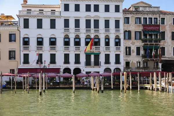 stock image Venice, Italy - September 5, 2022: Houses and palaces seen from a motorboat cruise along the Grand Canal in Venice