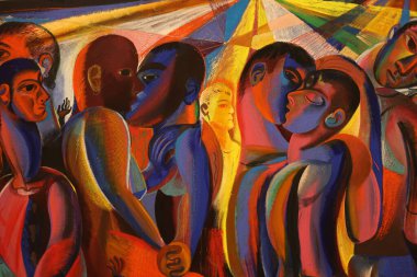 Venedik, İtalya - 7 Mayıs 2024: Venedik 'te Yabancılar Her Yerde 60. Venedik Sanat Bienali. Louis Fratino 'dan Metropolitan. Tuval üzerine yağ