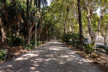 Malaga 'daki Paseo del Parque. Üstüste dizilmiş hurma ağaçları, güzel kokulu bitkiler, çeşmeler, heykeller.... 