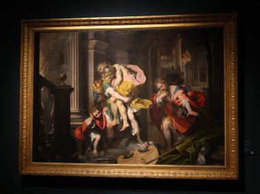 Urbino, İtalya - 12 Eylül 2024: Truva 'dan Federico Barocci' nin Aeneas 'tan Kaçışı, İtalya' nın Urbino kentindeki Ducal Palace 'da petrol üzerine tuval 