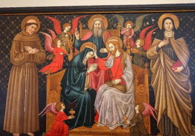 Urbino, İtalya - 12 Eylül 2024: Azizler Nichlas, Bartholomew, Franics, Clare, Margaret ve Mary Magdalene arasında Ebedi Baba ve Meleklerle Bakire Taç Giyme Töreni