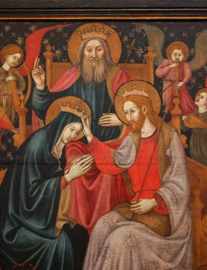 Urbino, İtalya - 12 Eylül 2024: Azizler Nichlas, Bartholomew, Franics, Clare, Margaret ve Mary Magdalene arasında Ebedi Baba ve Meleklerle Bakire Taç Giyme Töreni