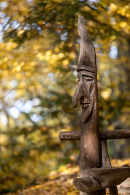 Ormanın arka planında sonbahar renklerinde bilinmeyen bir sanatçı tarafından tahtaya oyulmuş bir kafa.