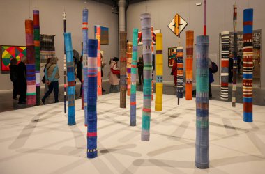 Venedik, İtalya - 7 Mayıs 2024: 60 Venedik Sanat Bienali. Bambus anni 1960-70 by Ione Saldahna, akrilik on bamboo and The Nucleo Stroico, Abstraction in the Global South by 37 artist