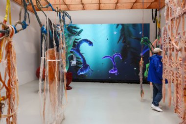 Venedik, İtalya - 7 Mayıs 2024: Venedik 'te Yabancılar Her Yerde 60. Venedik Sanat Bienali. Julien Creuzet 'in Giardini' deki Fransız Pavyonu 'ndaki Karayip motiflerinden esinlendiği görsel ve ses kurulumu