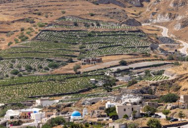Yunanistan 'ın Santorini kentindeki Kamari bölgesindeki tarım arazileri ve üzüm bağlarının hava manzarası