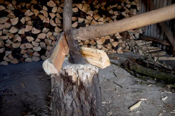 Close Shot Axes Chopping Wood Stock Picture
