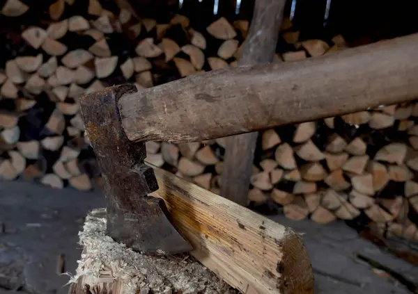 Close Shot Axes Chopping Wood Stock Picture