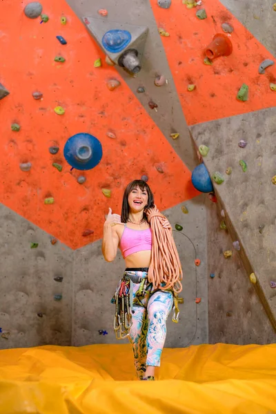 Young Smiling Woman Climber Rope Carbines Climbing Gym Extreme Sport Stock Photo