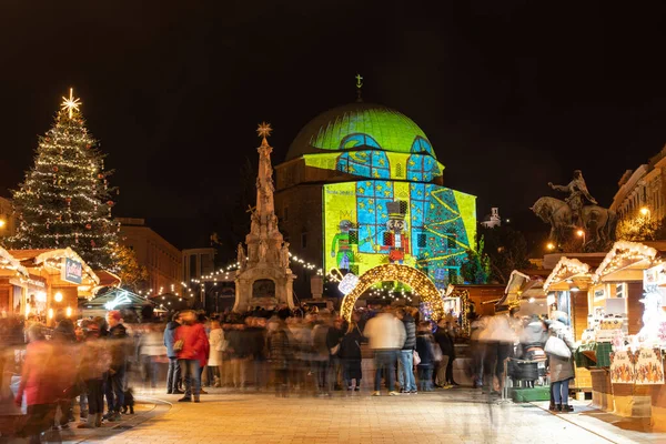 Pecs Hongarije December 2022 Adventsmarkt Met Kerstboom Het Szechenyi Plein — Stockfoto