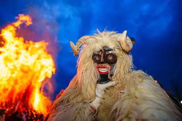 2月12日 布索杰拉狂欢节 不明身份的人戴着面具迎接春天 2024年2月12日 匈牙利莫哈奇 图库照片
