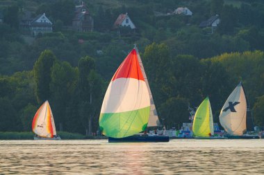 SZANTOD - JULY 18 : Sailing boats compete on 56.th Kekszalag championship at the Lake Balaton on 18 July 2024 in Szantod, Hungary. clipart