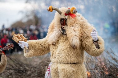 MOHACS, HUNGARY - Mart 01: Busojaras Karnavalı. Bahar kutlamaları için kimliksiz kişi maske takıyor. 01 Mart 2025, Mohacs, Macaristan.