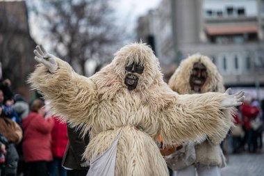 MOHACS, HUNGARY - Mart 01: Busojaras Karnavalı. Bahar kutlamaları için kimliksiz kişi maske takıyor. 01 Mart 2025, Mohacs, Macaristan.