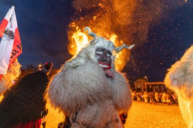MOHACS, HUNGARY - Mart 01: Busojaras Karnavalı. Bahar kutlamaları için kimliksiz kişi maske takıyor. 01 Mart 2025, Mohacs, Macaristan.