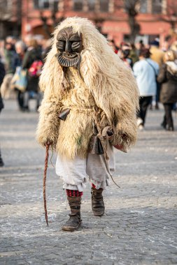 MOHACS, HUNGARY - Mart 01: Busojaras Karnavalı. Bahar kutlamaları için kimliksiz kişi maske takıyor. 01 Mart 2025, Mohacs, Macaristan.