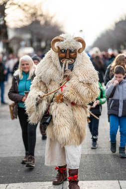 MOHACS, HUNGARY - Mart 01: Busojaras Karnavalı. Bahar kutlamaları için kimliksiz kişi maske takıyor. 01 Mart 2025, Mohacs, Macaristan.