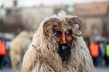 MOHACS, HUNGARY - Mart 01: Busojaras Karnavalı. Bahar kutlamaları için kimliksiz kişi maske takıyor. 01 Mart 2025, Mohacs, Macaristan.