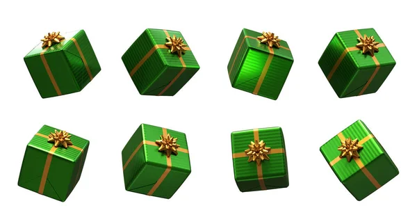 白色背景的绿色圣诞礼物 不同的视角 3D渲染 — 图库照片