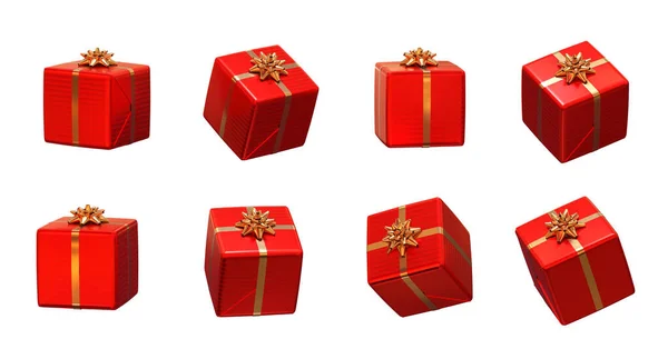 白色背景的红色圣诞礼物 不同的视角 3D渲染 图库图片