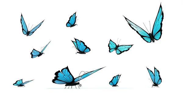白色背景下的一组蓝色蝴蝶 3D渲染 — 图库照片