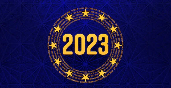 2023 new year card Europe colors with happy new year in all european language - 3D rendering
