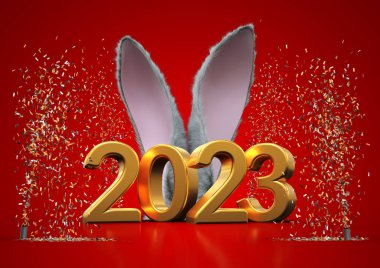Tavşanın 2023 yılı - Tavşan kulaklı altın metin - 3D görüntüleme