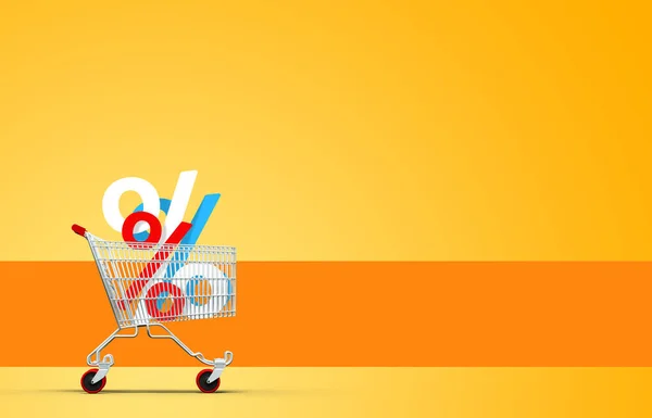 Supermarket Shopping Cart Percent Symbols Rendering — Stock Photo, Image