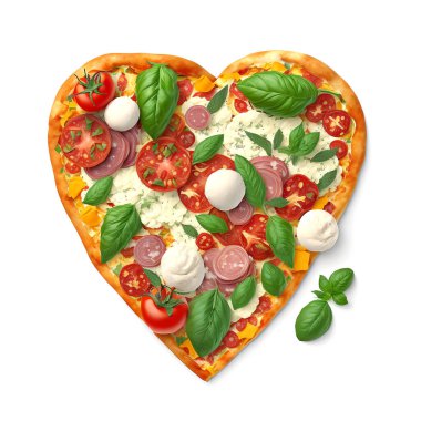 pizza cheese, tomatoes, basil in the shape of a heart on a white background