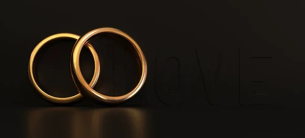 大理石の背景に愛と結婚を象徴する2つのゴールドリング 3Dレンダリング — ストック写真