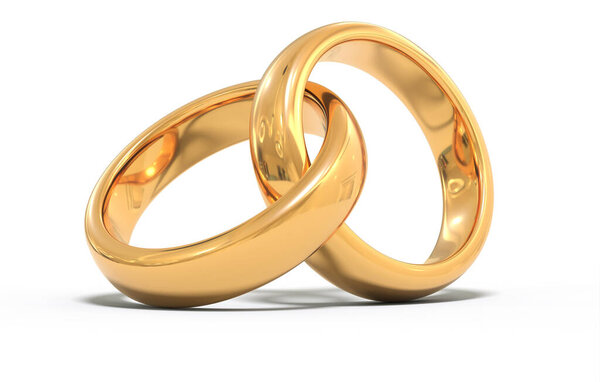 два золотых кольца символизируют любовь и брак на мраморном фоне - 3D рендеринг