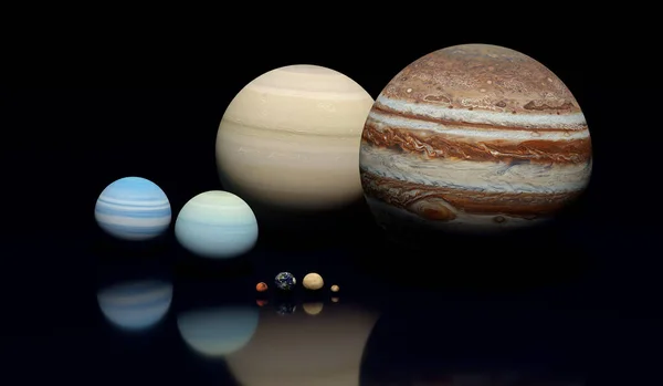 Oito Planetas Sistema Solar Sobre Fundo Azul Escuro Renderização Fotografia De Stock