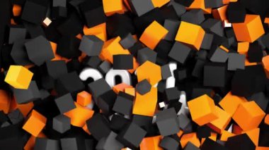 2024 video karşılama kartı, turuncu ve siyah küplerin altında görünen altın metin - 3D görüntüleme 4K