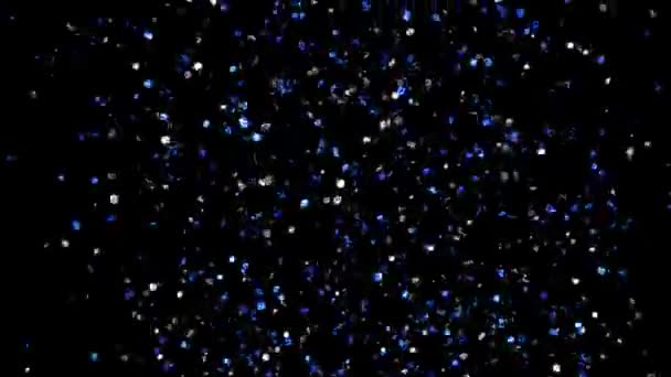 Lluvia Confeti Plateada Azul Lanzada Desde Cañón Que Cae Lentamente — Vídeos de Stock