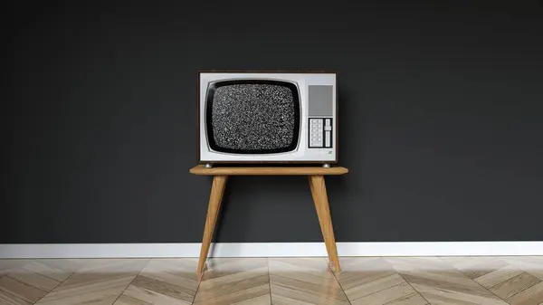 vintage steel and metal television levitating on a gray background, noise in the screen - 3D rendering