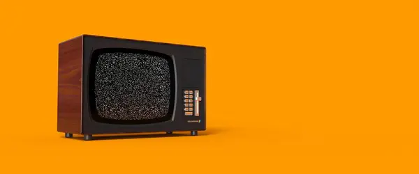 vintage steel and metal television levitating on an orange background, noise in the screen - 3D rendering